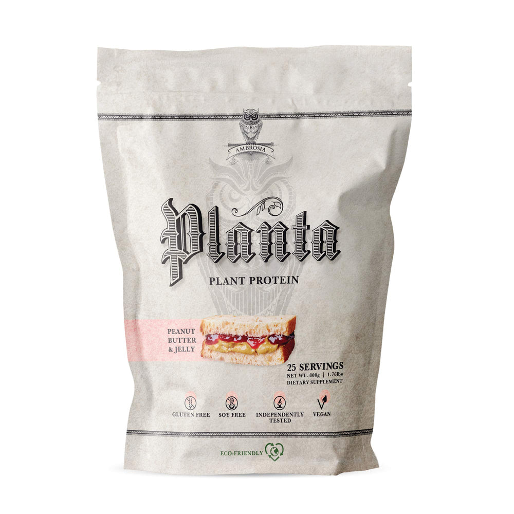 Ambrosia Planta peanut butter jelly tub front, protein-packed, dairy-free option for post-workout recovery.