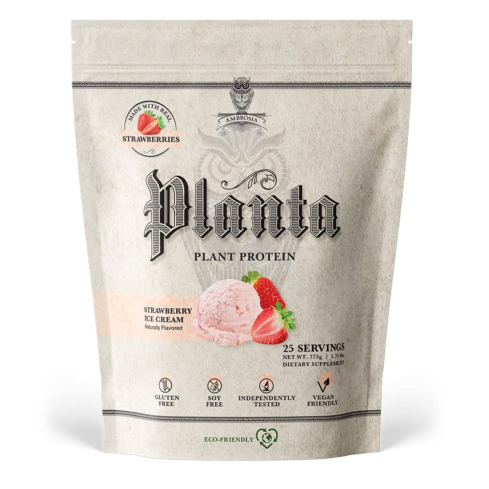 Ambrosia Planta protein powder tub front highlighting dairy-free plant-based protein
