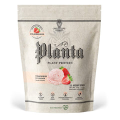 Ambrosia Planta protein powder tub front highlighting dairy-free plant-based protein