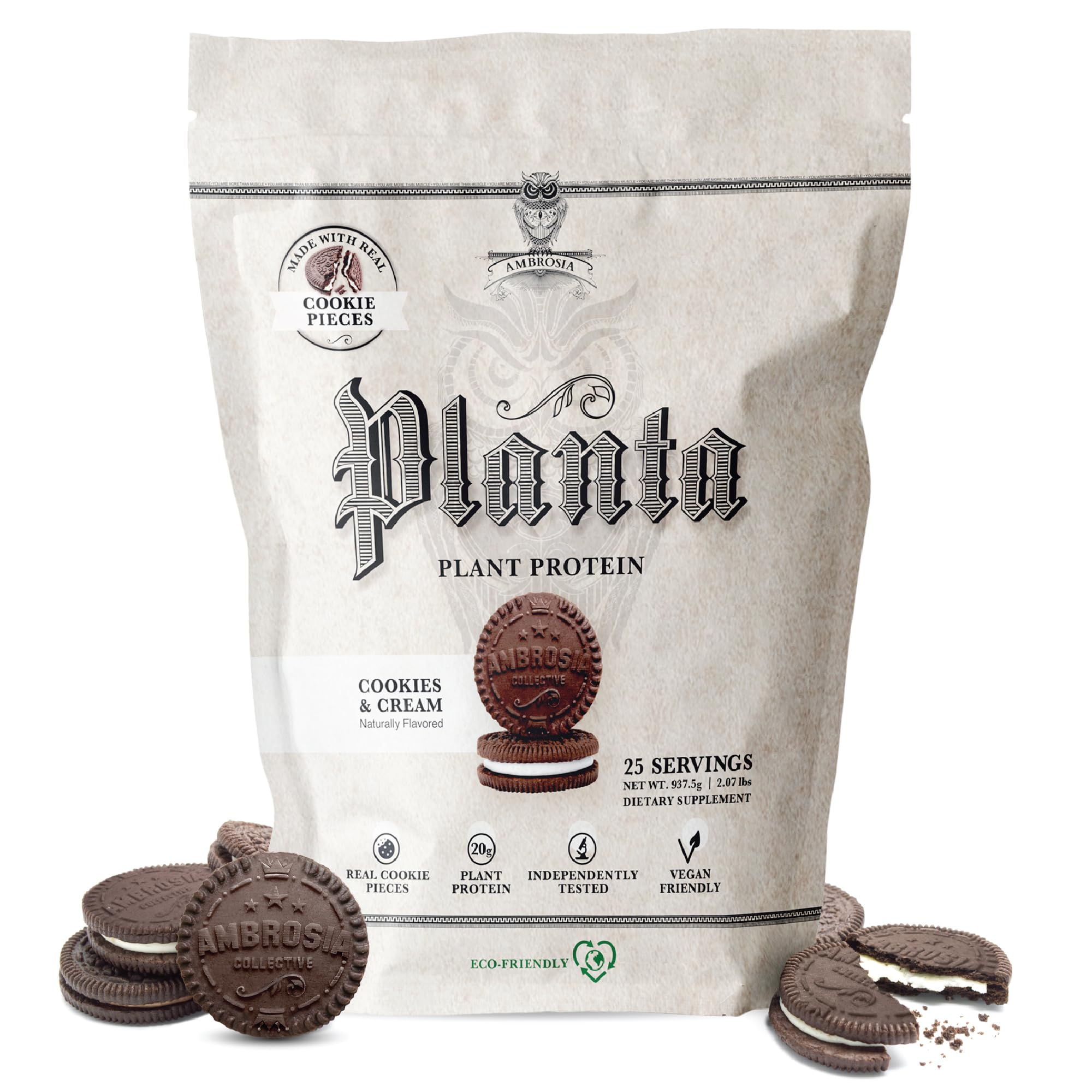 Ambrosia Planta protein bottle shows a 20g serving for dairy-free nutrition