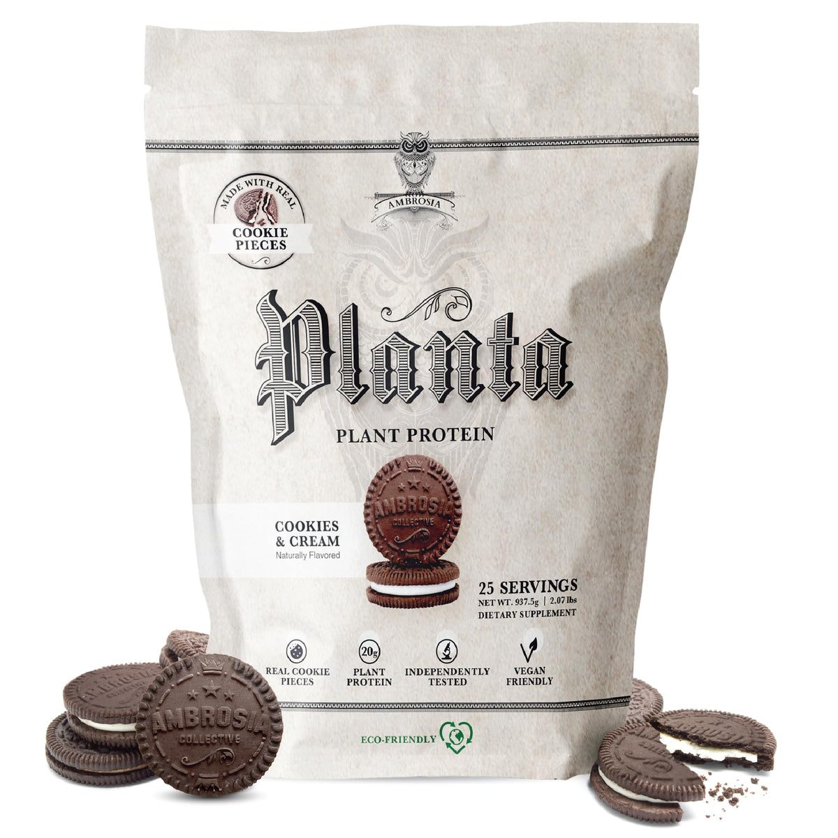 Ambrosia Planta protein bottle shows a 20g serving for dairy-free nutrition