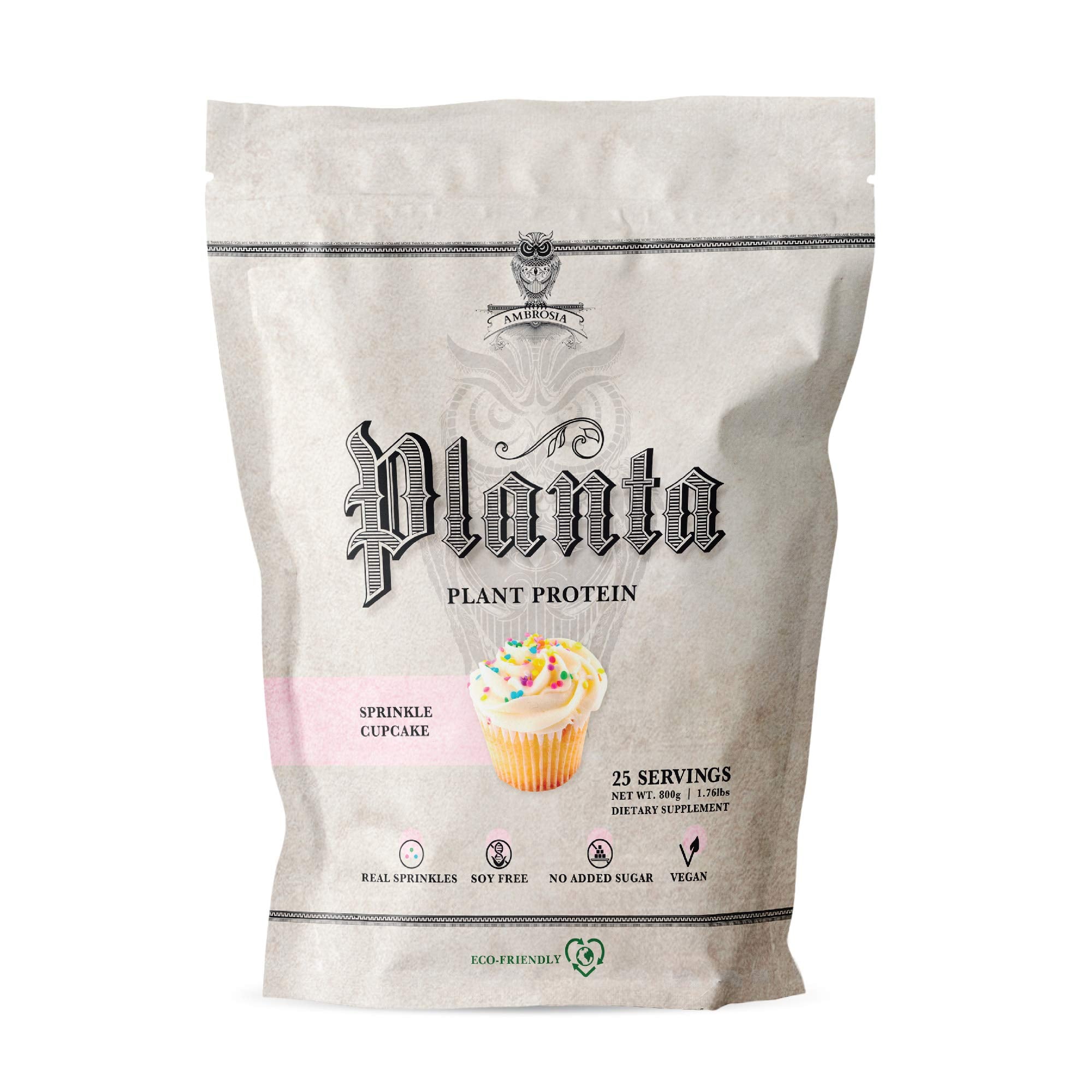 Ambrosia Planta protein powder jar highlights plant-based 20g protein per serving