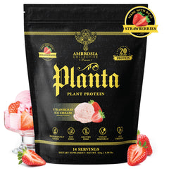 Ambrosia Planta protein scoop pouring into glass, convenient shake for on-the-go fueling.