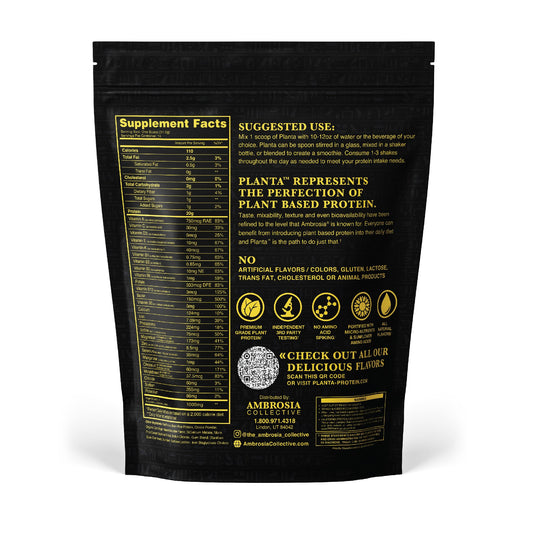Ambrosia Planta protein scoop-mix highlights smooth texture for easy blends.