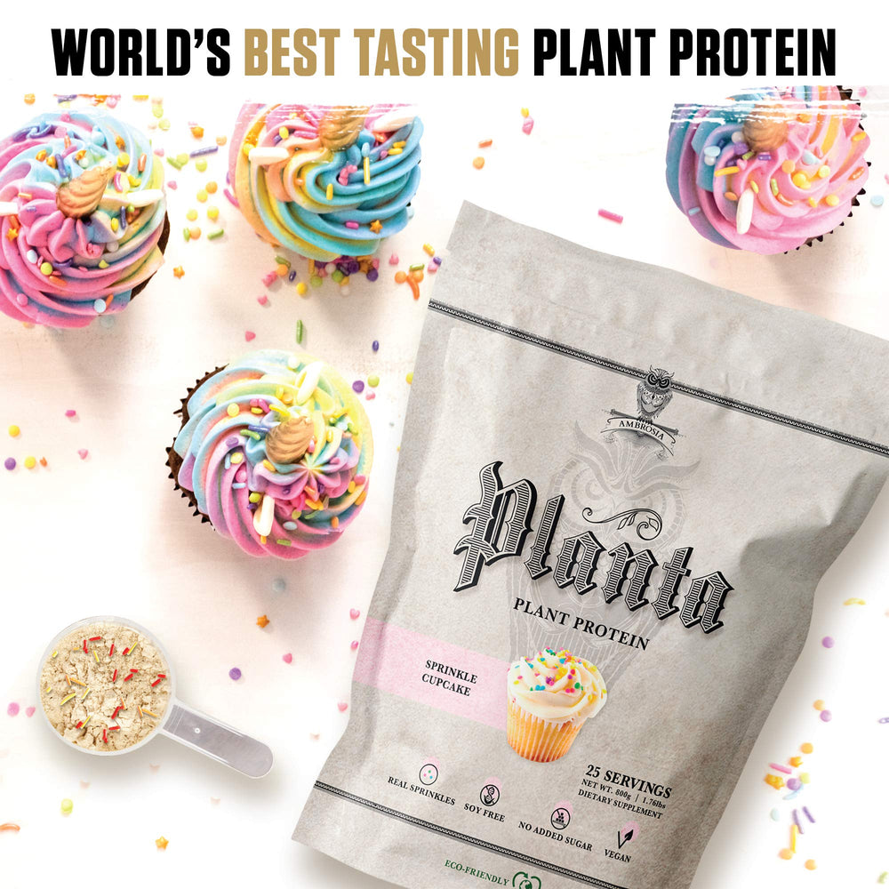 Ambrosia Planta scoop and bottle ready for on-the-go protein