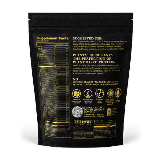 Ambrosia Planta protein scoop highlights convenient daily nutrition.