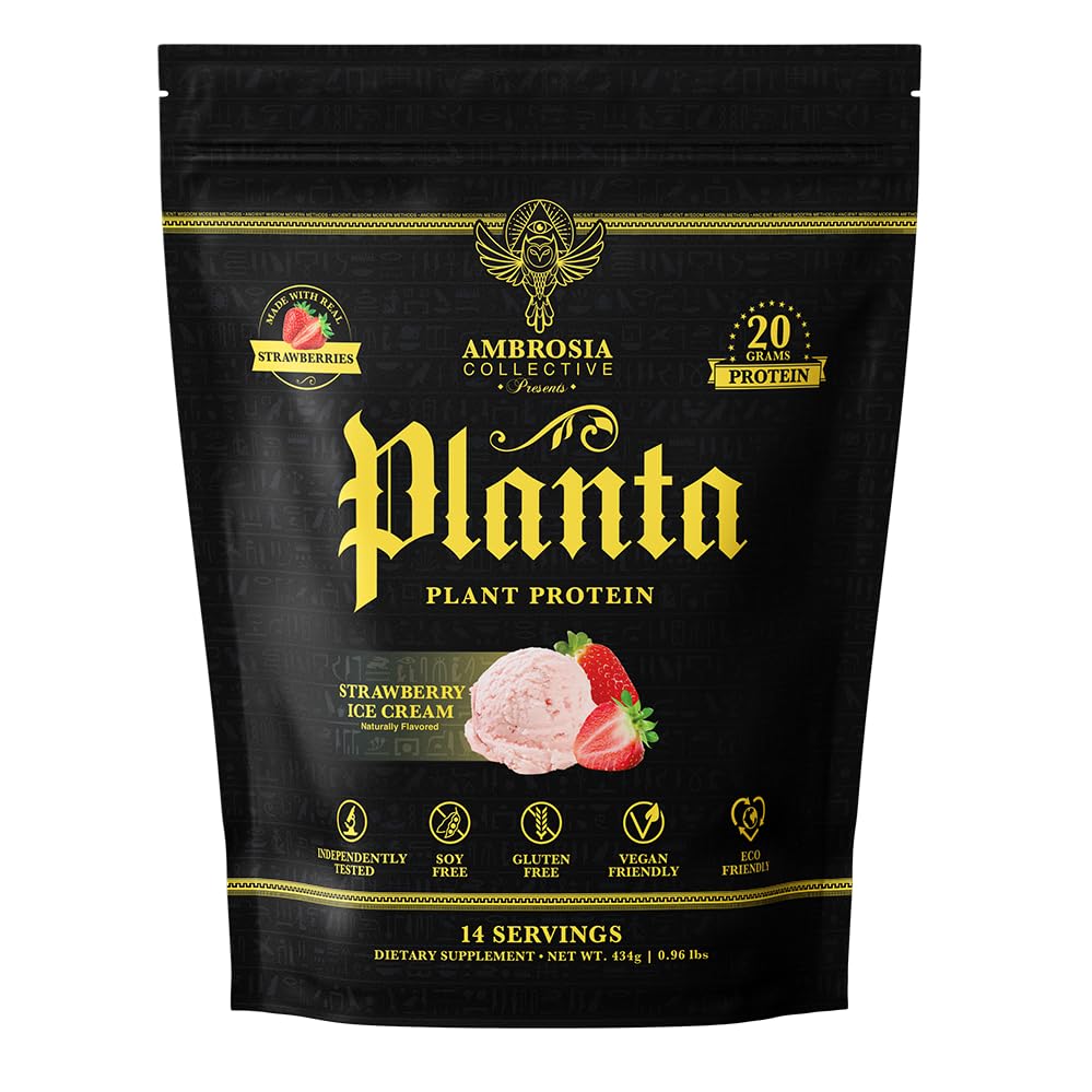 Ambrosia Planta Strawberry Ice Cream tub with premium plant-based protein for post-workout recovery.