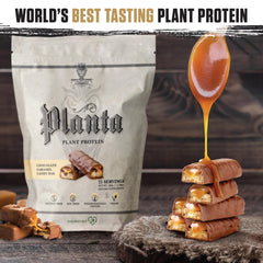 Ambrosia Planta tub close-up highlights label and 20g protein per serving.