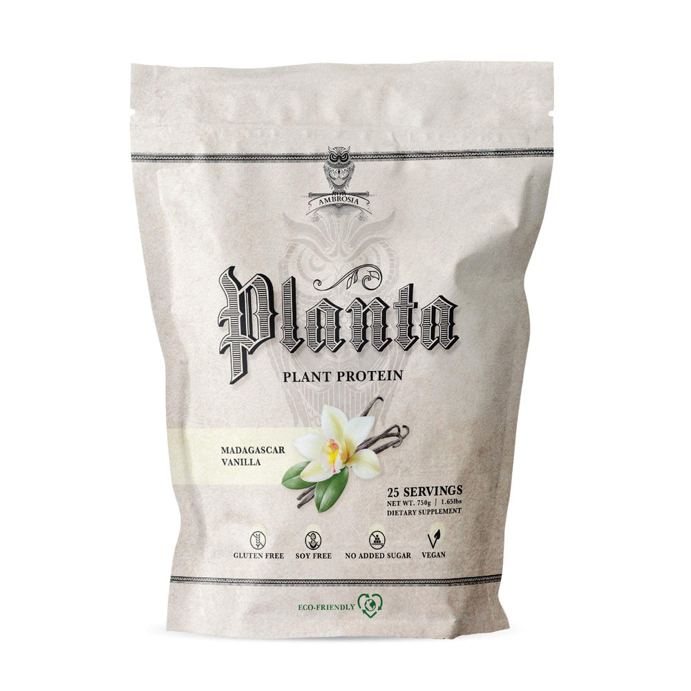 Ambrosia Planta vanilla bottle being poured for a dairy-free protein shake.