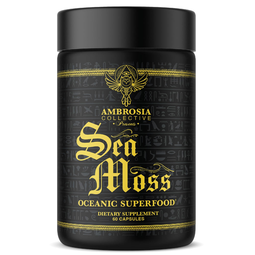 Ambrosia Sea Moss capsules bottle on countertop for daily wellness support.