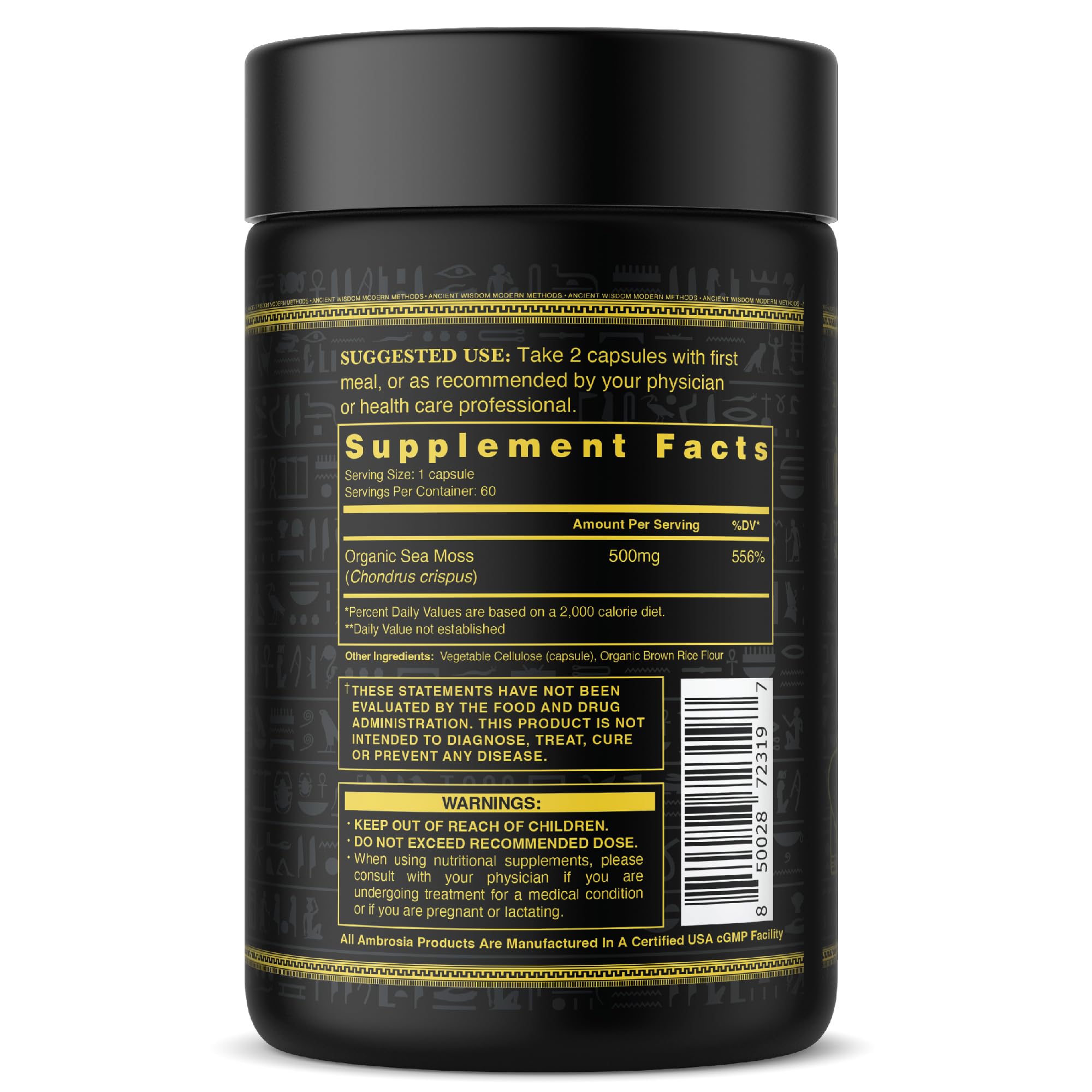 Ambrosia Sea Moss capsules ingredient panel highlights nutrient-rich sea moss.