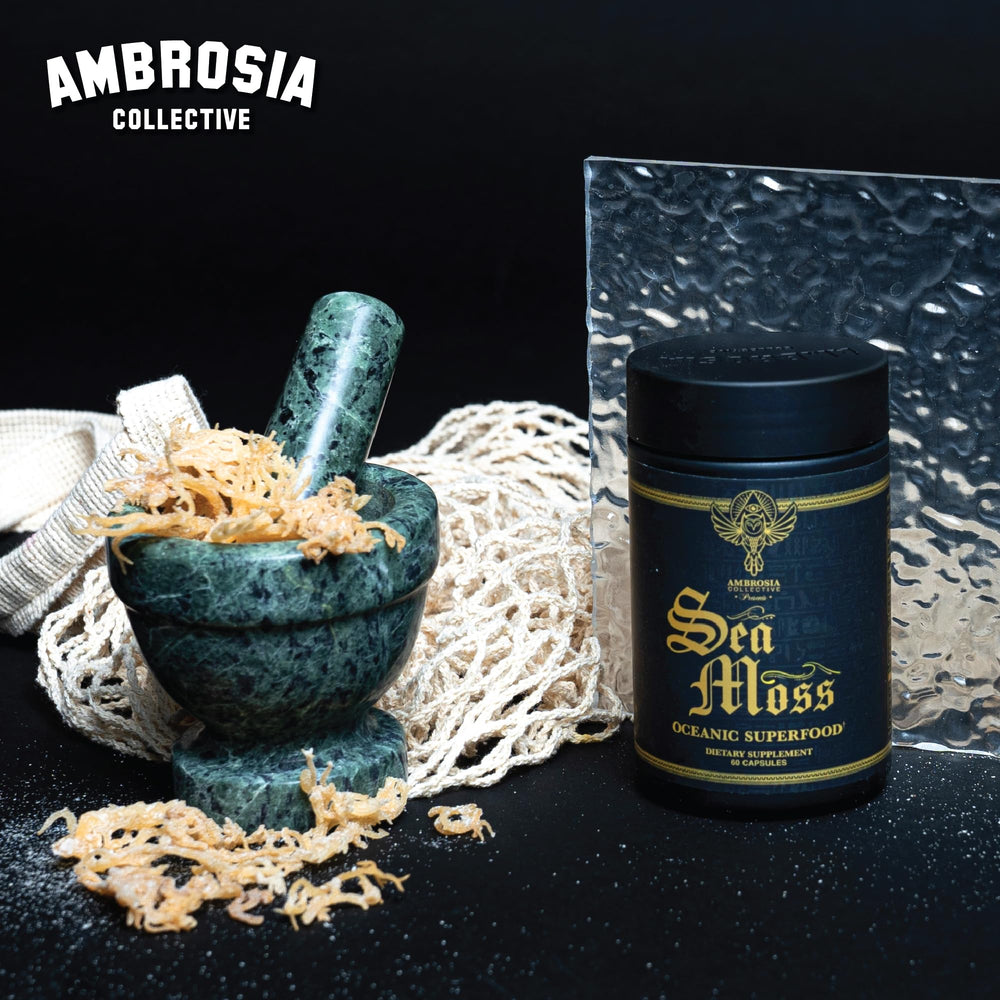 Ambrosia Sea Moss capsules packaging side view emphasizing organic sea moss origin.