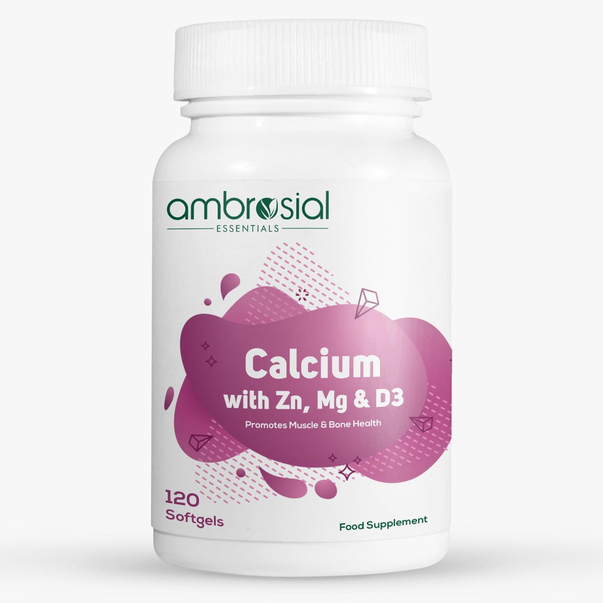 Ambrosial calcium magnesium zinc with vitamin d3 softgels bottle promotes daily bone health support.