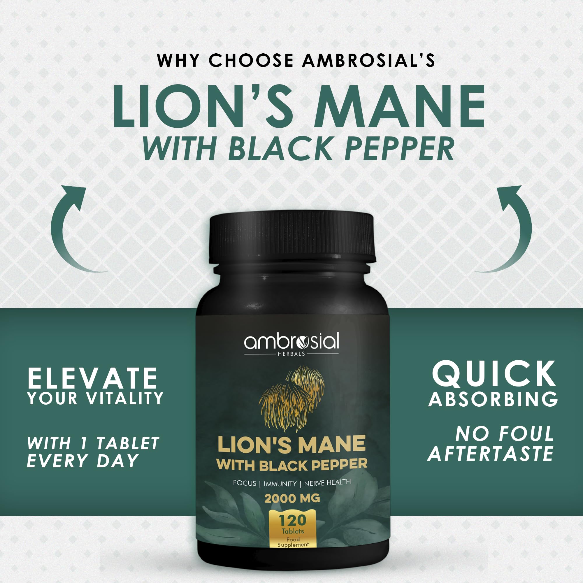 Ambrosial Lions Mane black pepper label close-up with 2000 mg potency