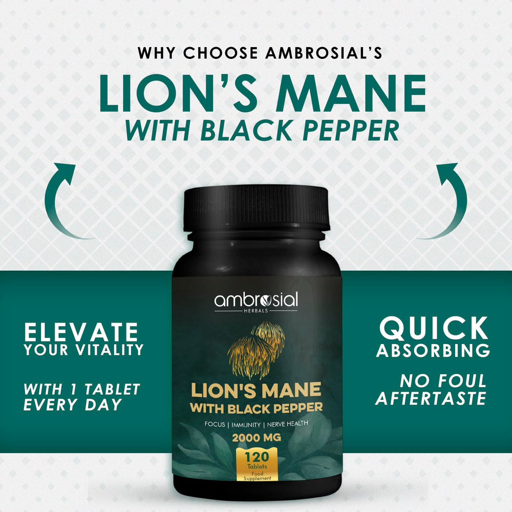 Ambrosial Lions Mane black pepper label close-up with 2000 mg potency