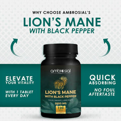 Ambrosial Lions Mane black pepper label close-up with 2000 mg potency