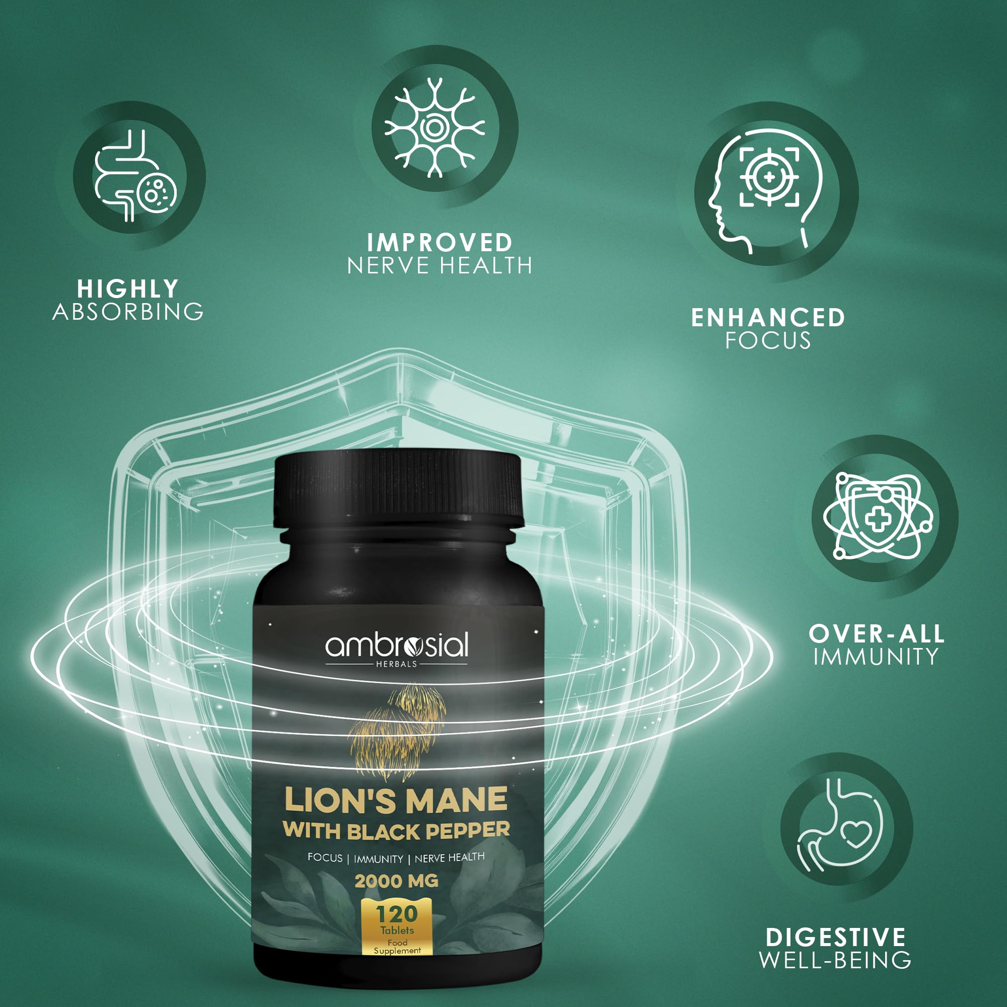 Ambrosial Lions Mane capsules close-up for easy swallowing