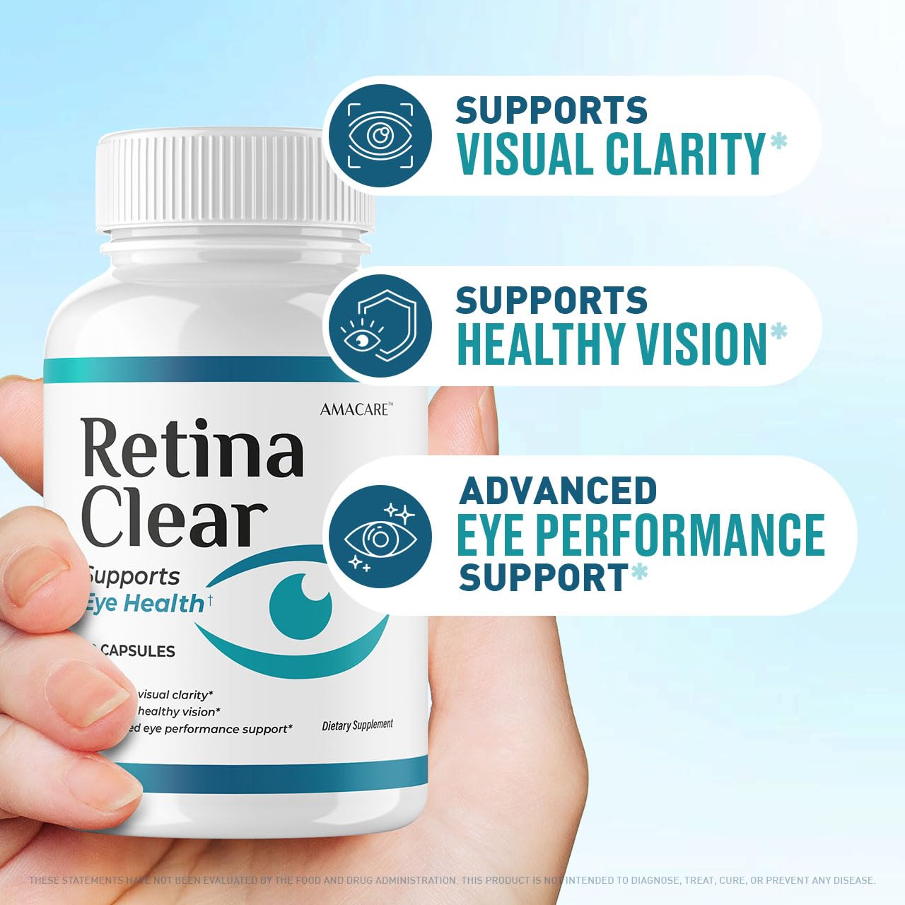 AMACARE Retina Clear capsules pour showing convenient daily dose for eye wellness.