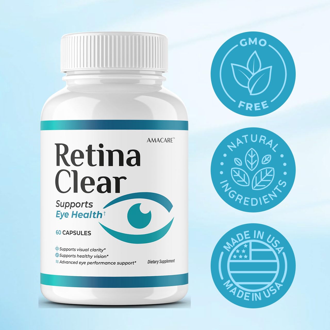 AMACARE Retina Clear daily-use setup featuring water glass for easy two-capsule routine.
