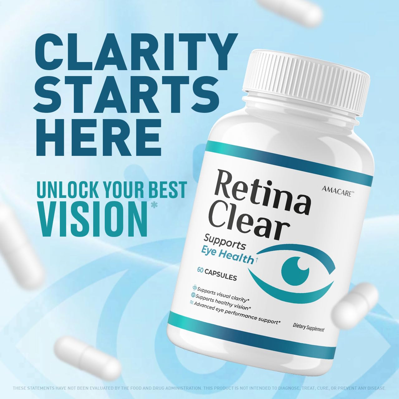 AMACARE Retina Clear label closeup highlighting quality ingredients and manufacturing.
