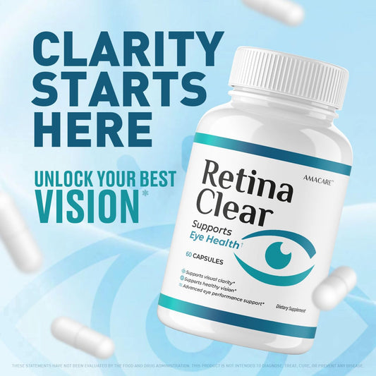 AMACARE Retina Clear label closeup highlighting quality ingredients and manufacturing.