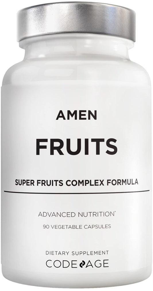 Amen Fruits bottle front, a convenient daily supplement for busy mornings.