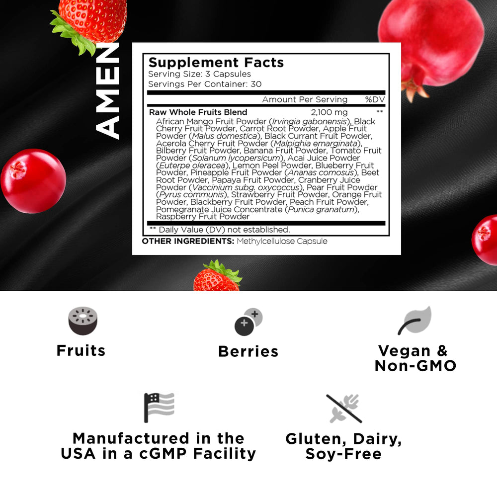 Amen Fruits capsules closeup, vegan multivitamin with over 20 fruit extracts.