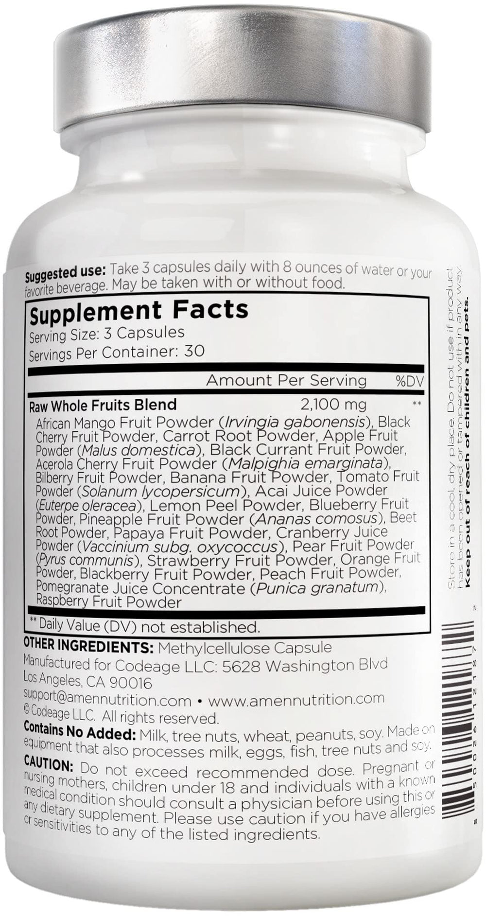 Amen Fruits label detail, showcasing non-GMO, USA-made production.