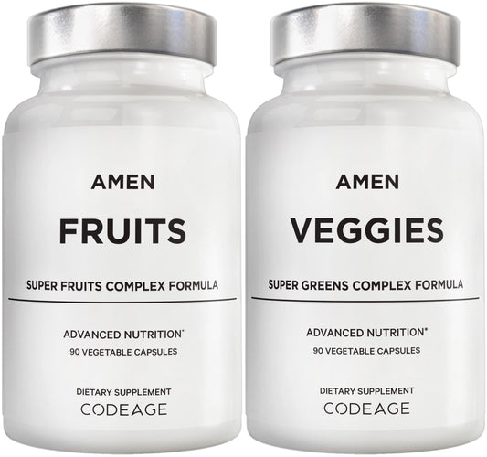 Amen Fruits + Veggies bundle box showing a comprehensive vegan multivitamin for daily wellness.