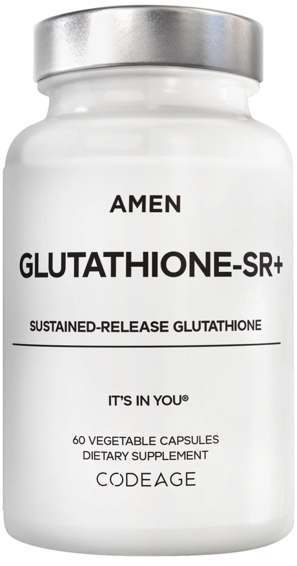 Amen Glutathione-SR+ bottle front showing 60 capsules for two-month supply
