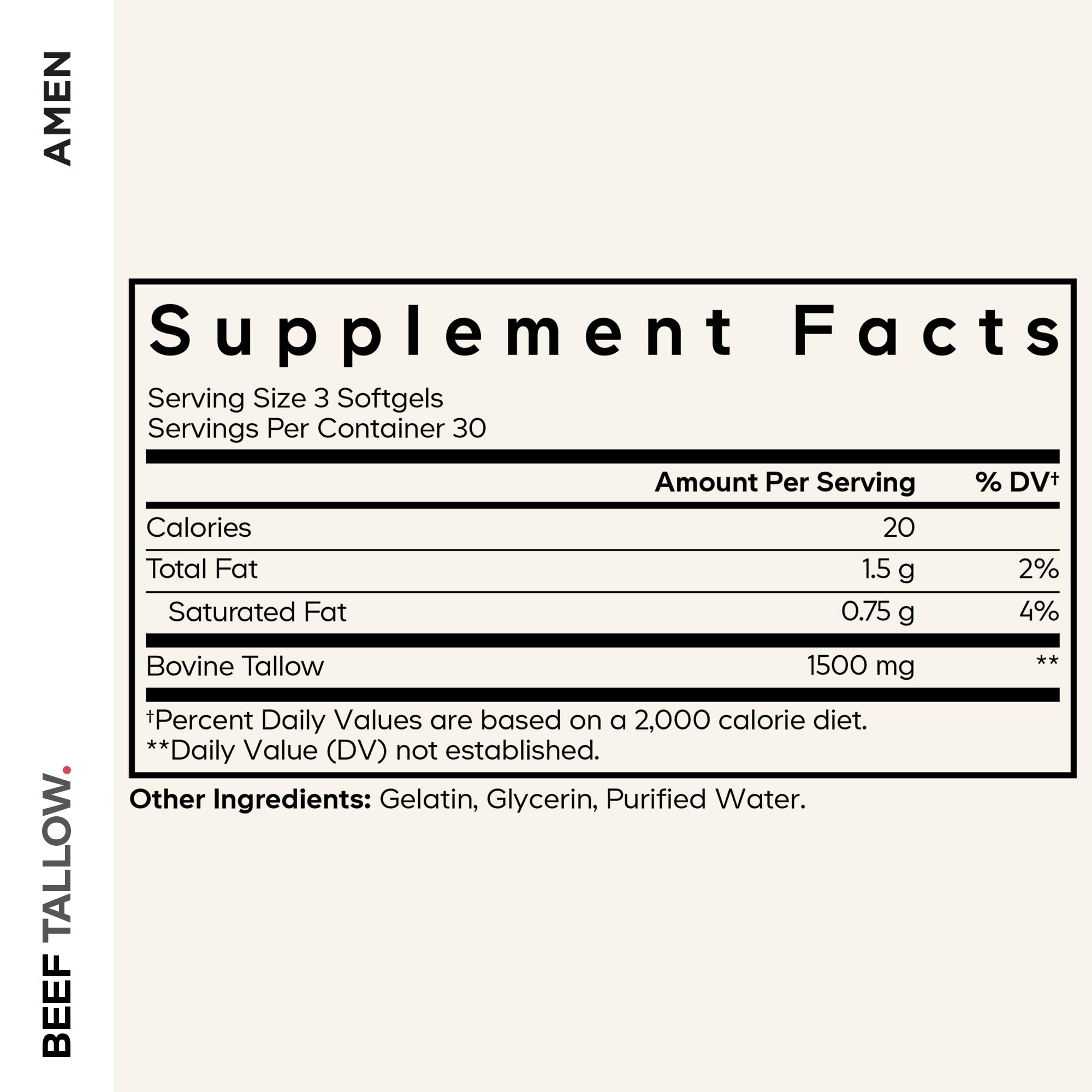 Amen Grass-Fed Beef Tallow ingredients showcase natural fats from pasture-raised cattle