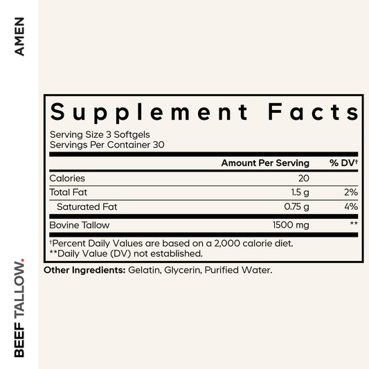 Amen Grass-Fed Beef Tallow ingredients showcase natural fats from pasture-raised cattle