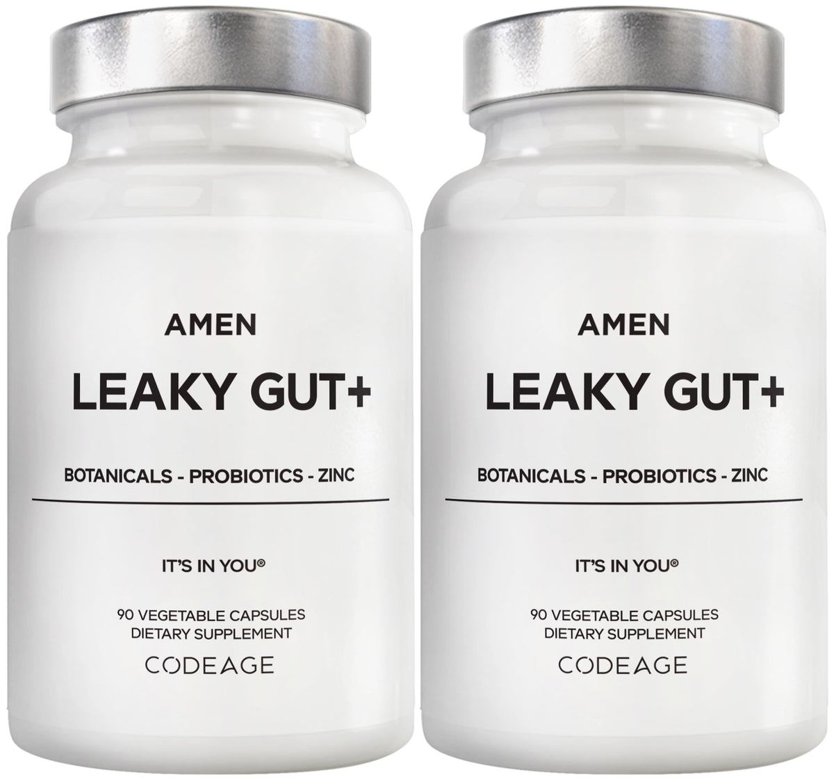 Amen Leaky Gut bottle with capsules for daily digestive support.