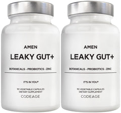 Amen Leaky Gut bottle with capsules for daily digestive support.