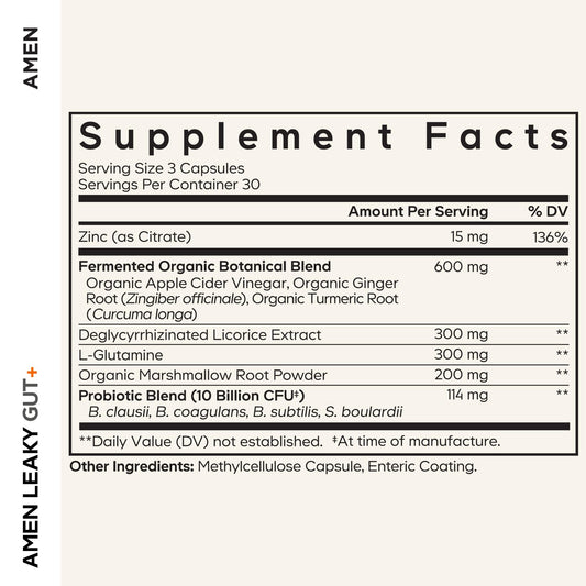 Amen Leaky Gut bottle side view shows convenient daily dosage