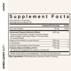 Amen Leaky Gut bottle side view shows convenient daily dosage