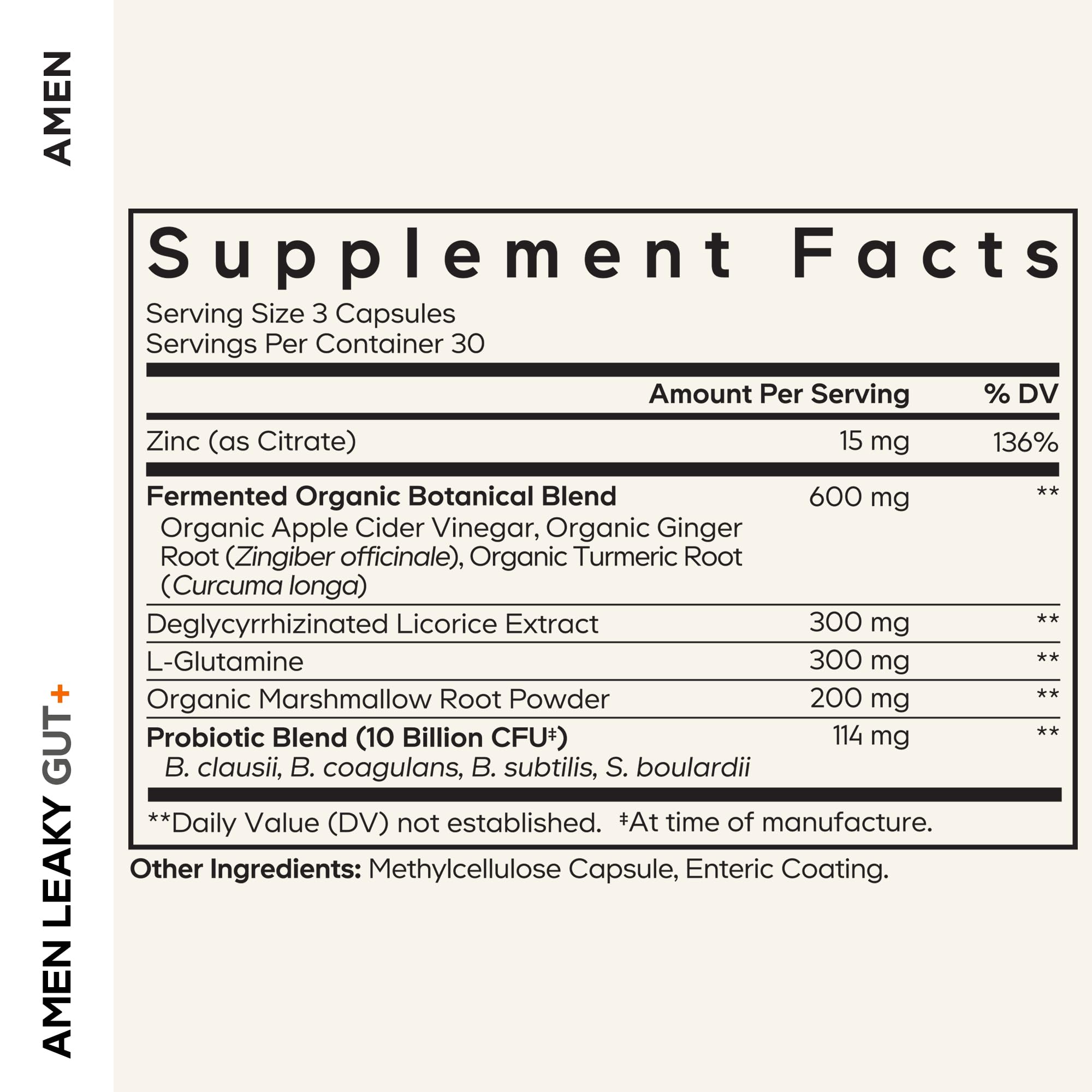 Amen Leaky Gut probiotic blend bottle supports gut flora balance.
