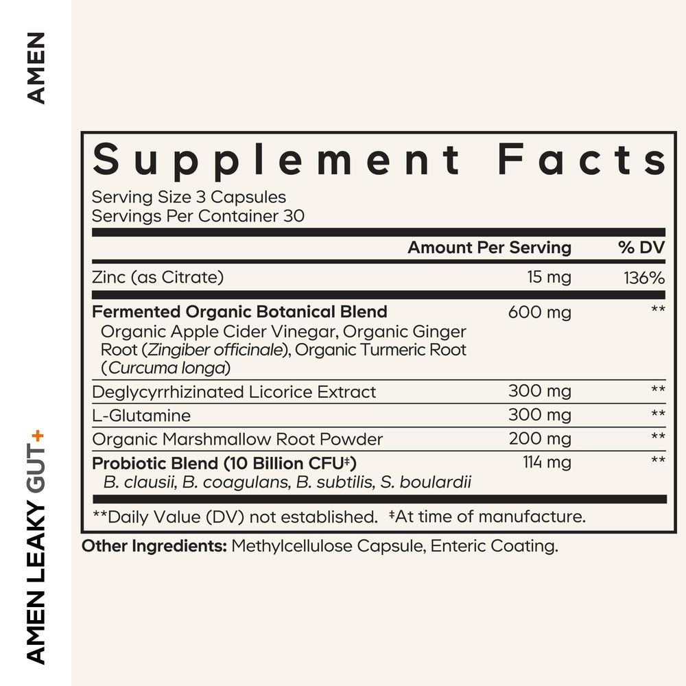 Amen Leaky Gut probiotic blend bottle supports gut flora balance.