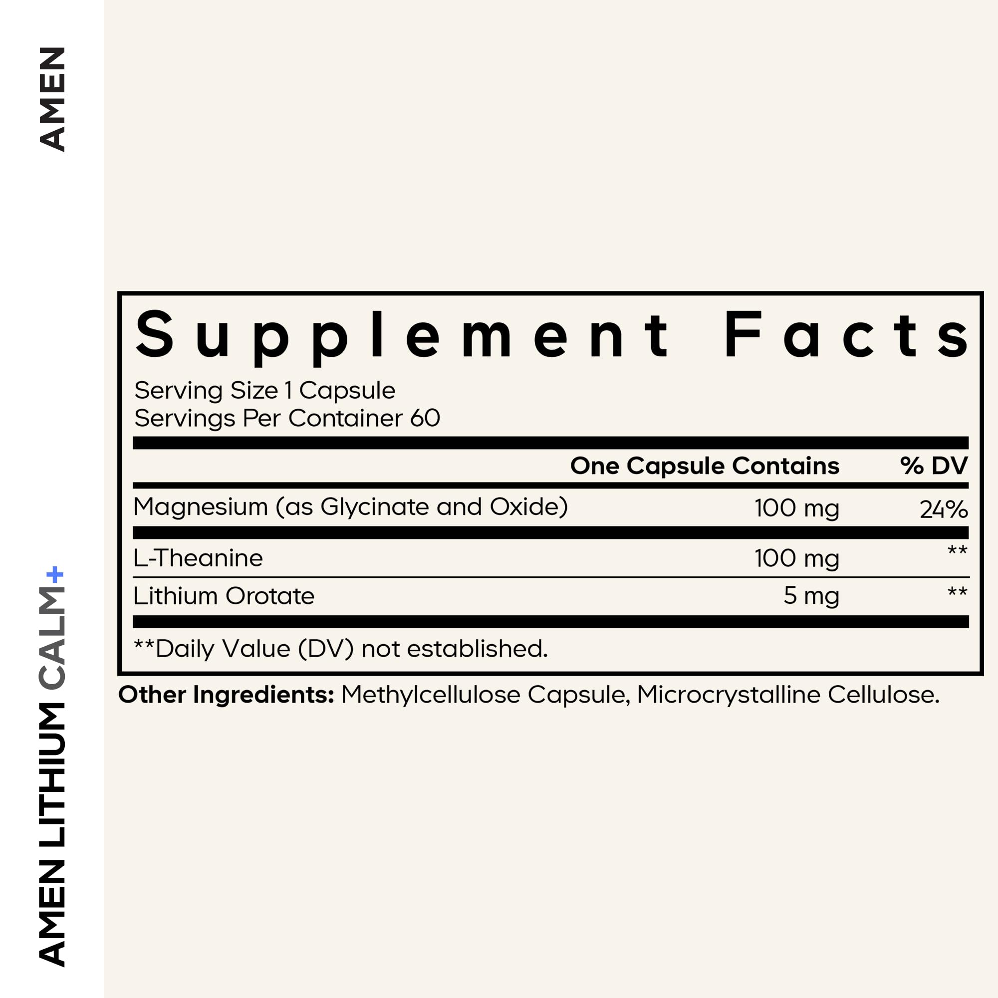 Amen Lithium Calm+ bottle front view showing compact two‑month supply.