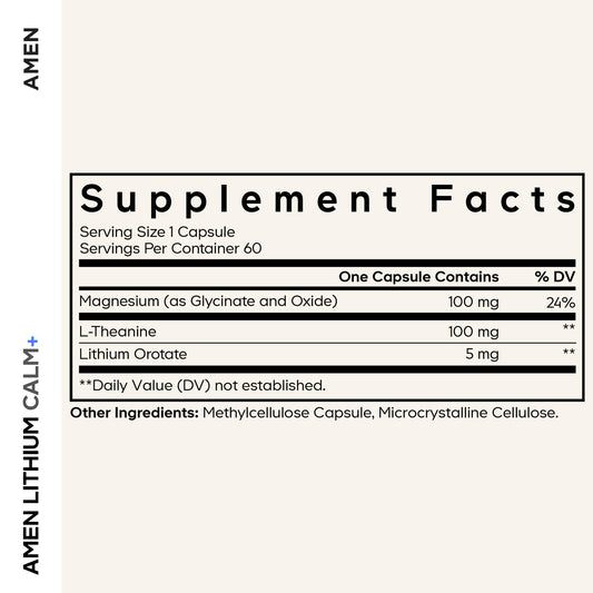 Amen Lithium Calm+ bottle front view showing compact two‑month supply.