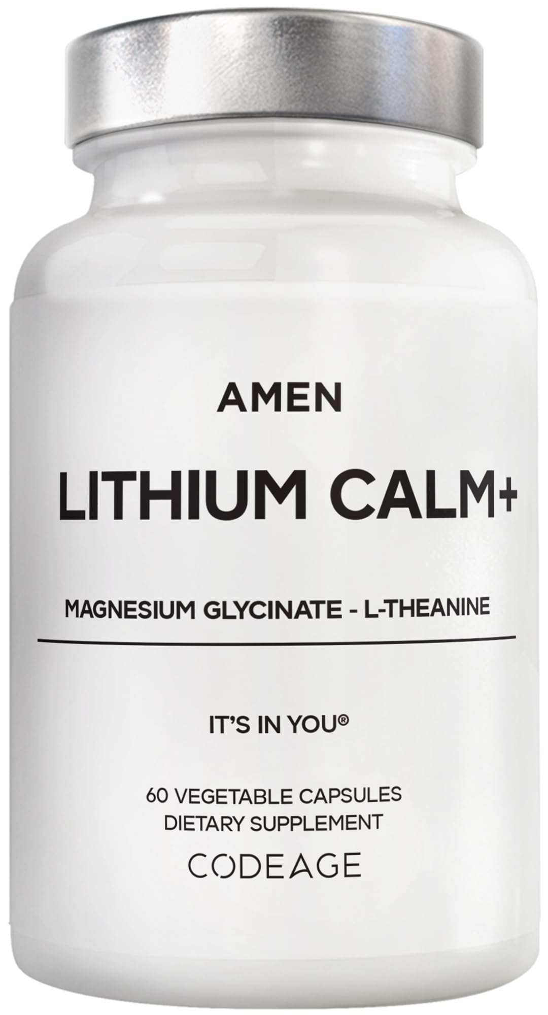 Amen Lithium Calm+ capsules in bottle for daily balance and focus.