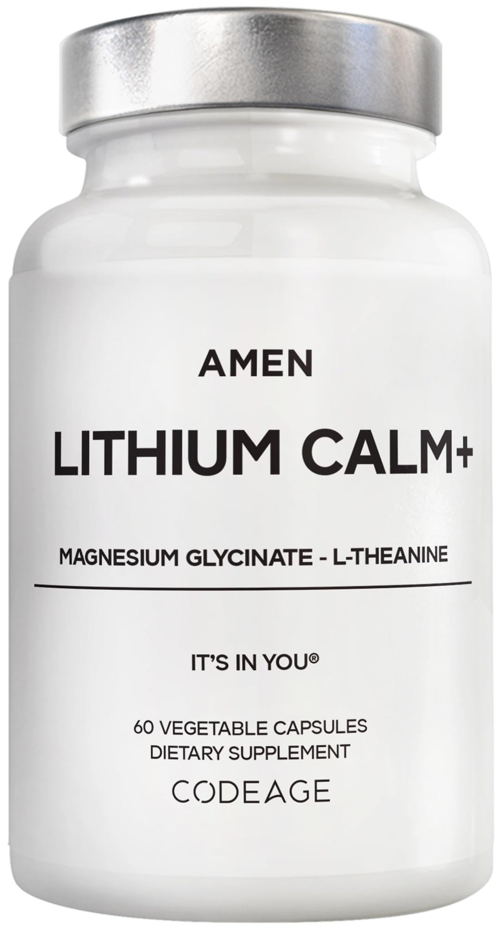 Amen Lithium Calm+ capsules in bottle for daily balance and focus.