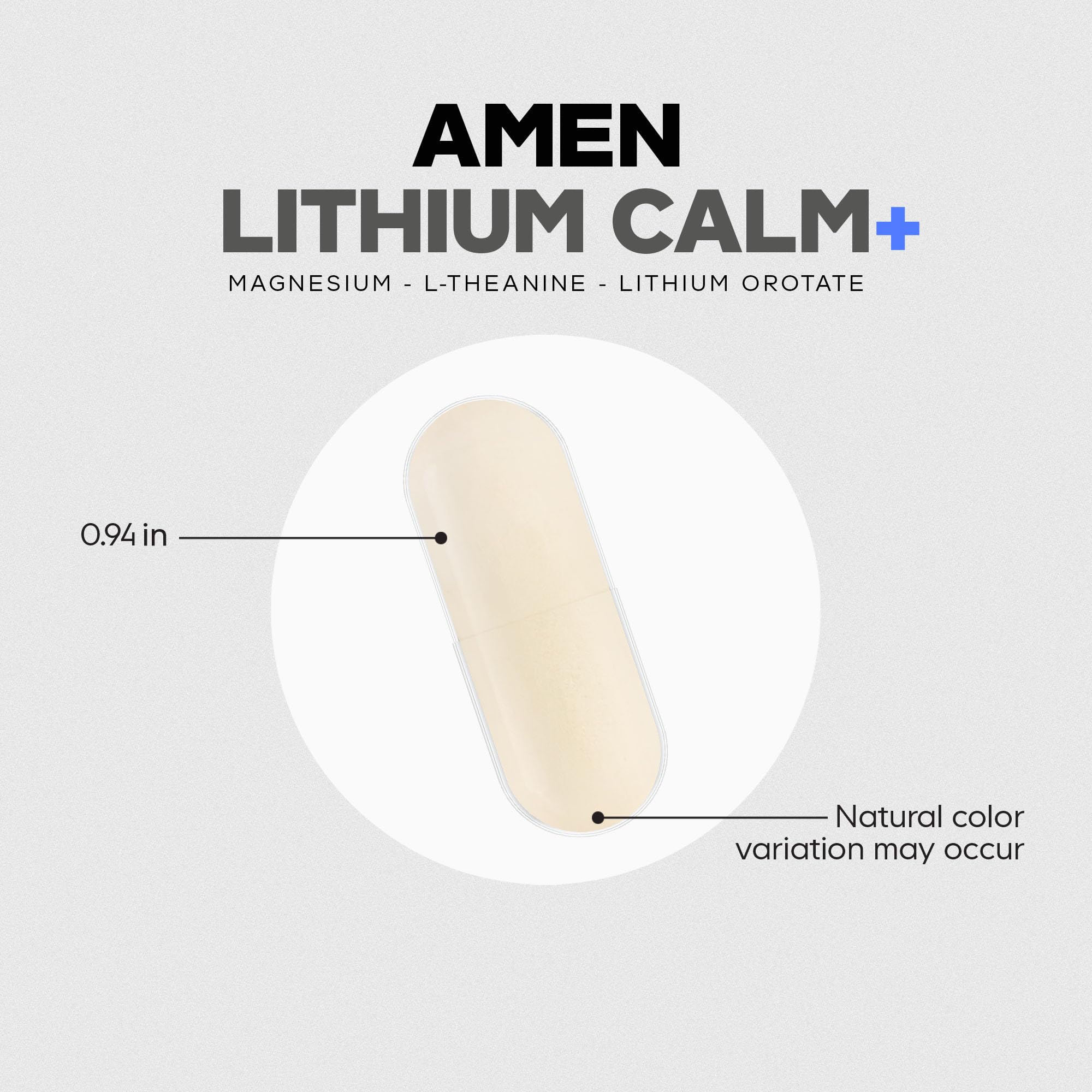 Amen Lithium Calm+ bottle seals vegan and non-GMO attributes for trusted use.