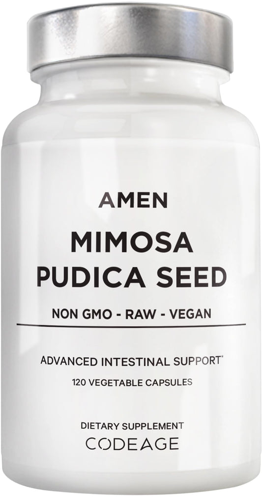 Amen Mimosa Pudica seeds capsules bottle, vegan daily supplement.