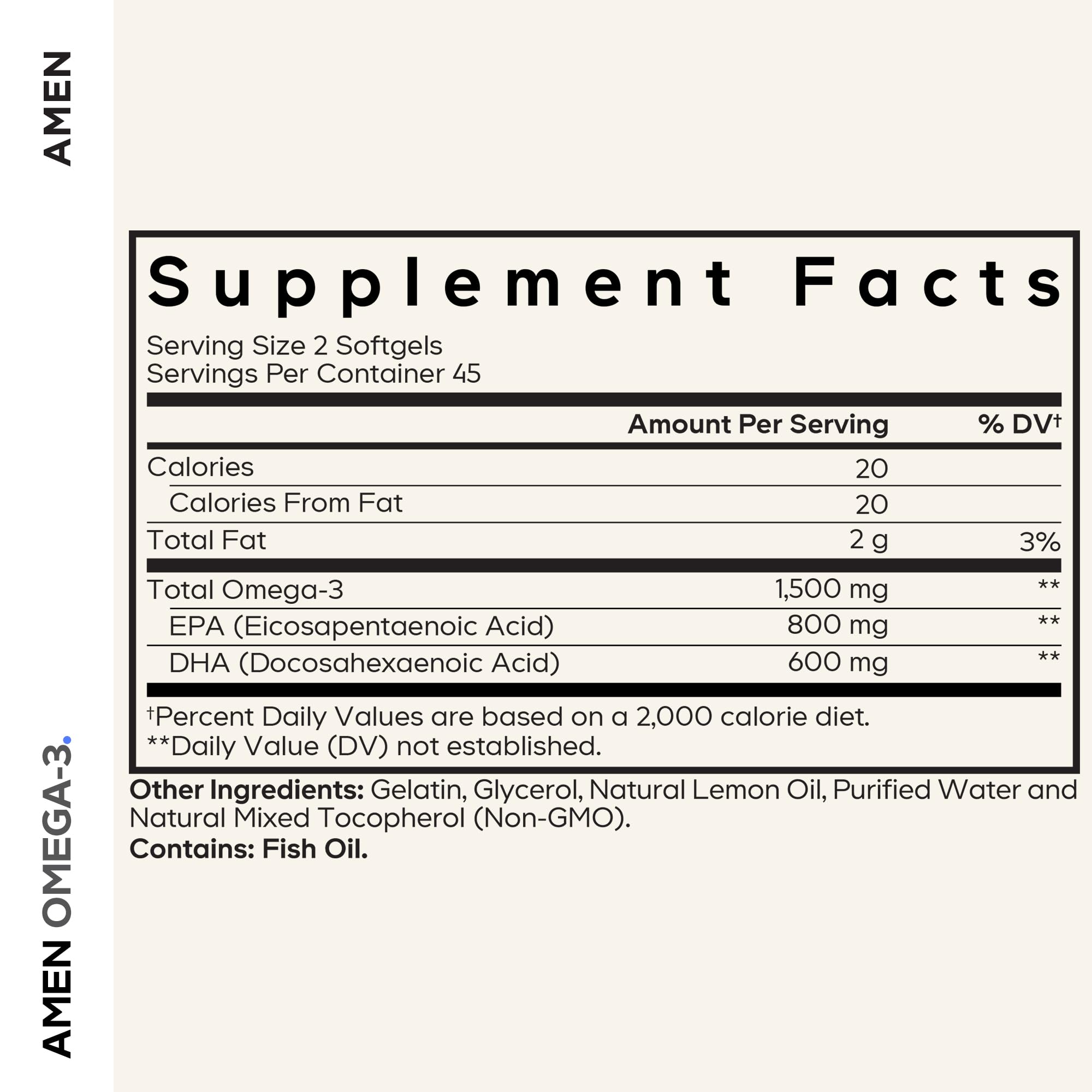 Close-up of Amen Omega-3 softgel capsules highlighting high-potency 1500 mg per serving.