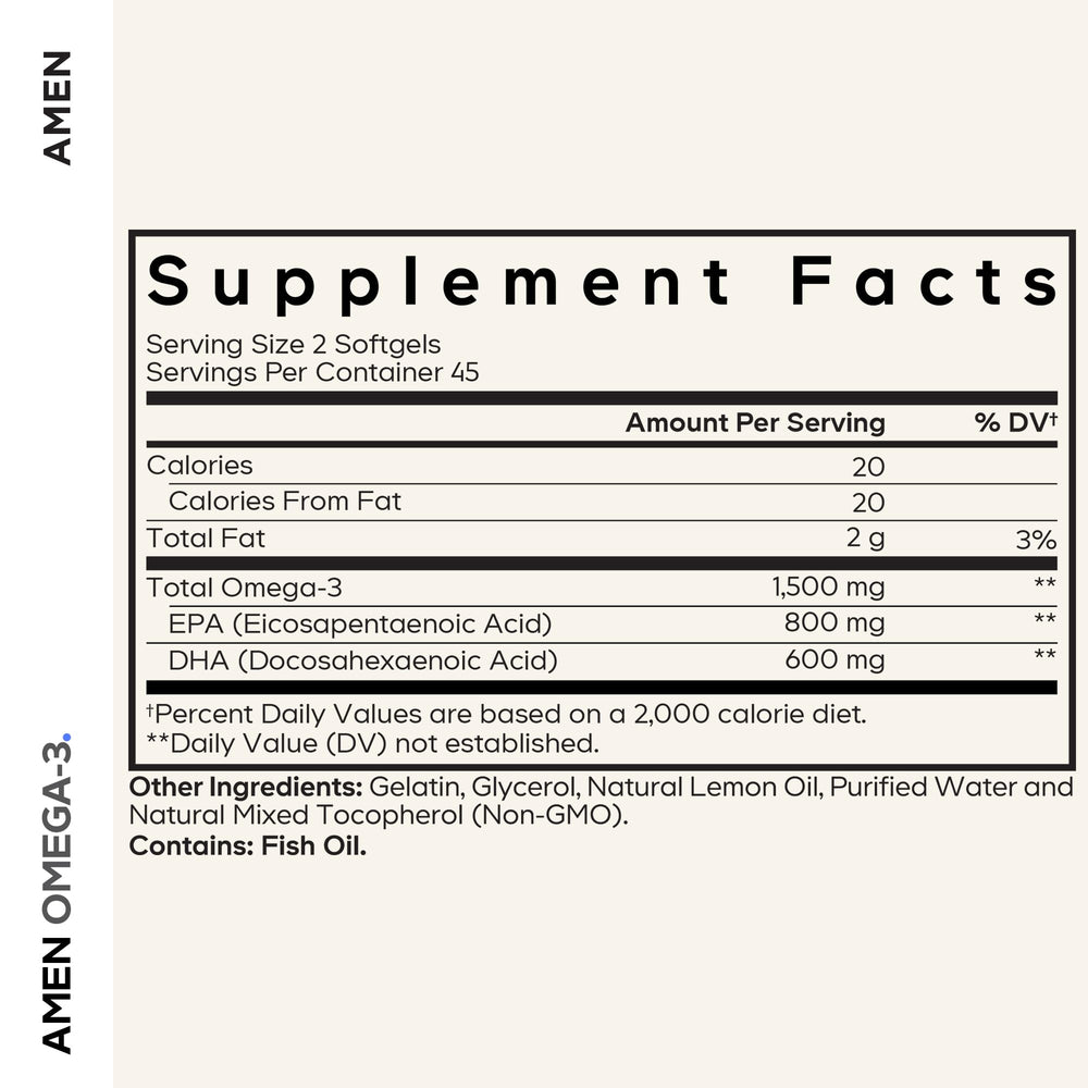 Close-up of Amen Omega-3 softgel capsules highlighting high-potency 1500 mg per serving.