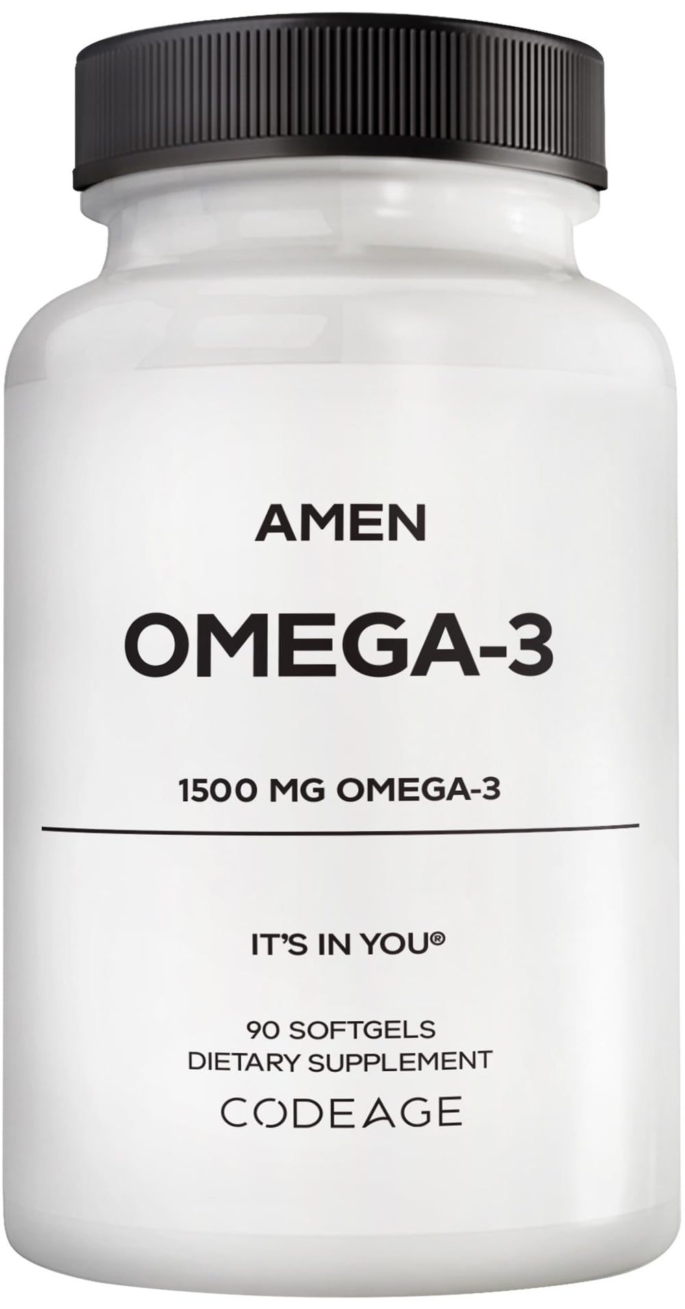 Amen Omega-3 bottle with 90 softgels on a clean kitchen counter for daily wellness.