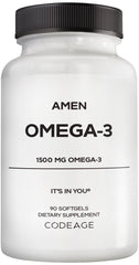 Amen Omega-3 bottle with 90 softgels on a clean kitchen counter for daily wellness.