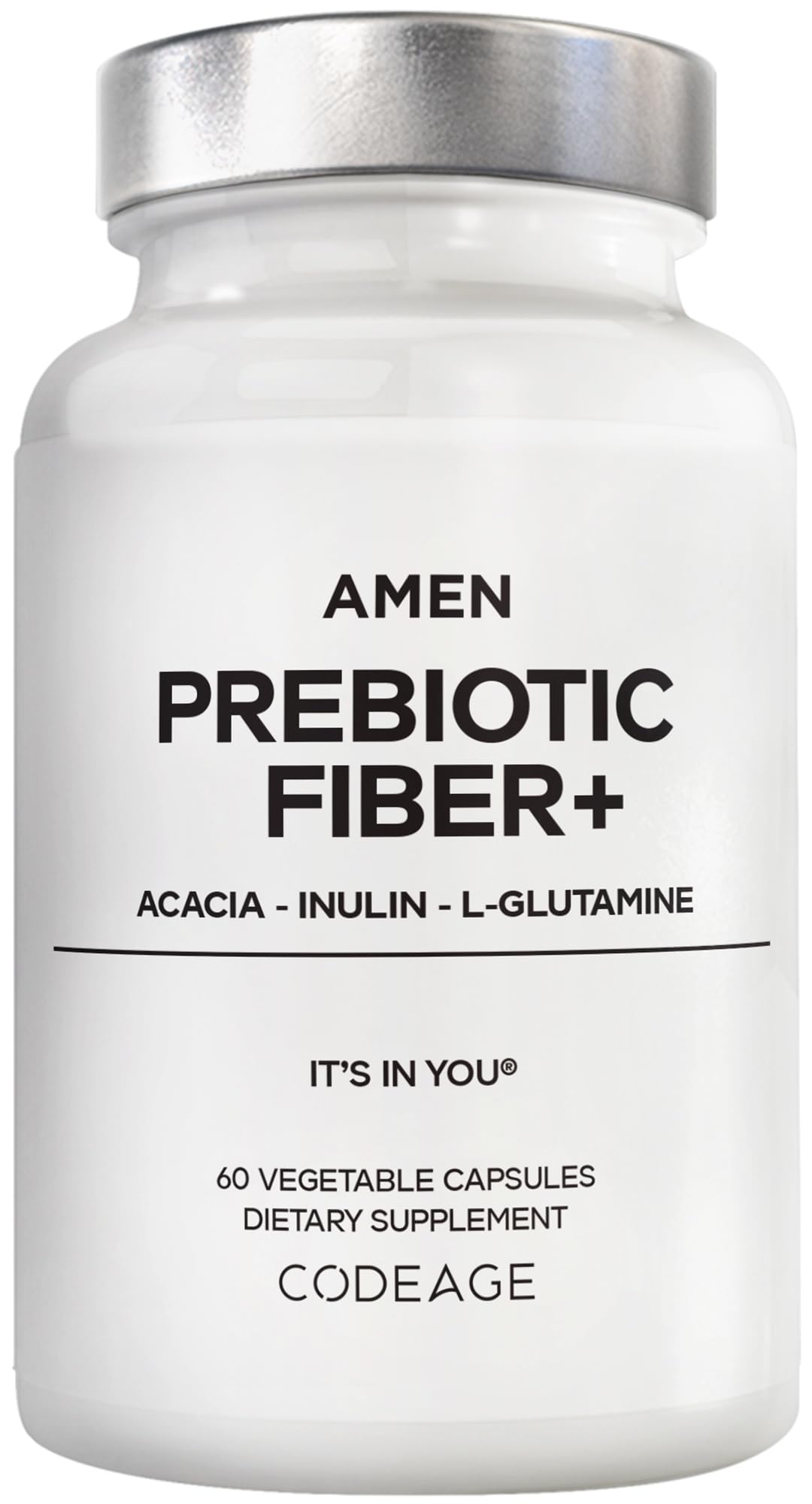 Amen Prebiotic Fiber bottle front showing capsule format for daily fiber support.