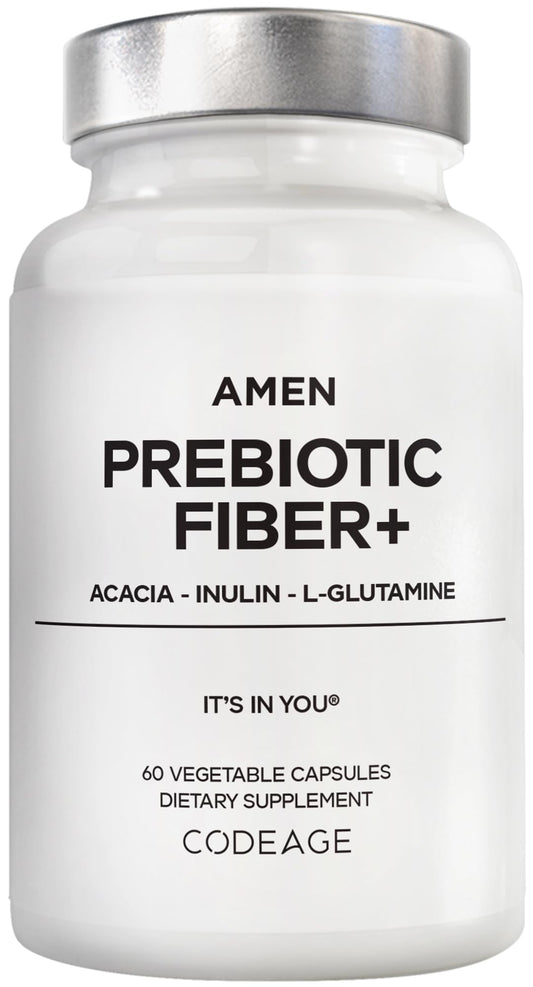 Amen Prebiotic Fiber bottle front showing capsule format for daily fiber support.